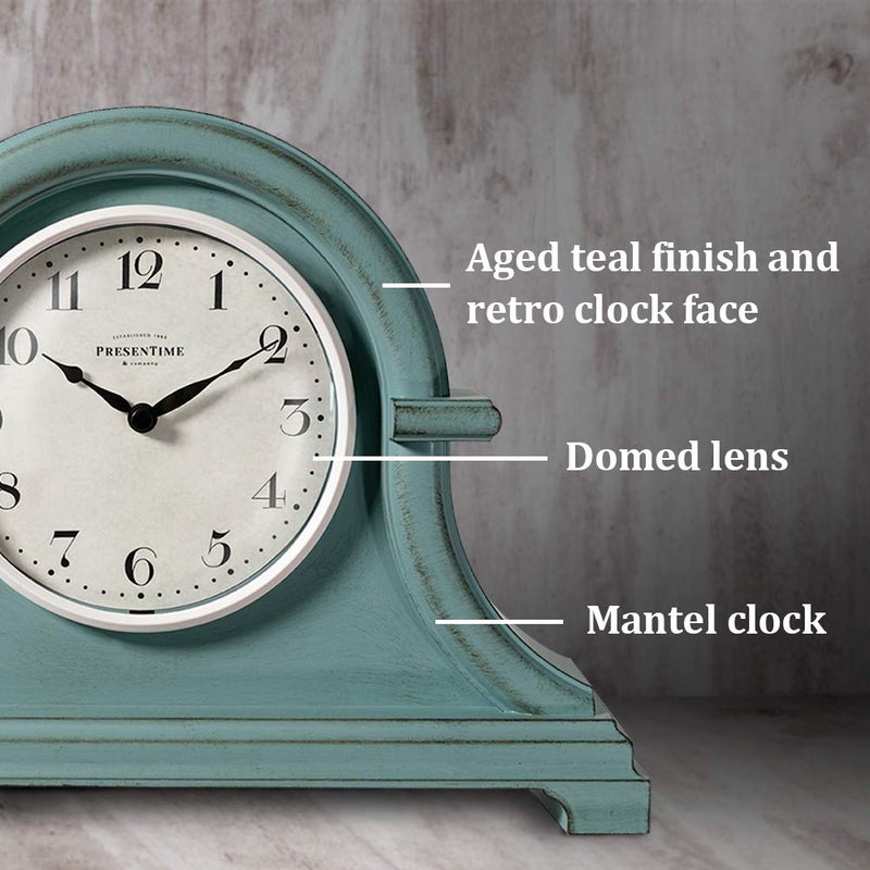 Presentime & Co. Mantel Clock Vintage Farmhouse Series, Napoleon Desk & Shelf Clock, 13 x 10 inch, Domed Lens, Quartz Movement, ABS Plastic Case, Aged Teal Finish (Home/Tabletop Decoration) - Image 2
